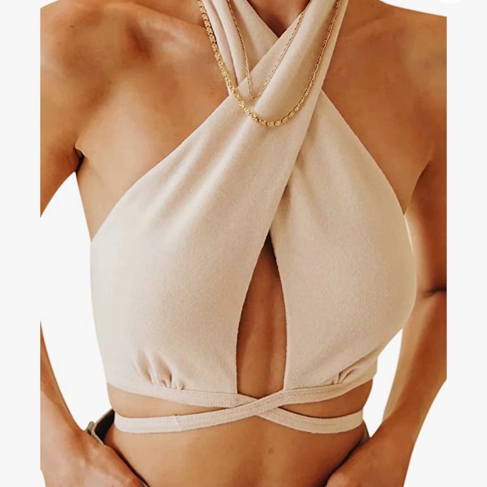 Womens Cross-Cross Crop Halter Top